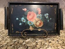 Vintage Hand painted Wood Tole Tray Black Flower Floral 14.5 X 9.5 X 3/4 picture