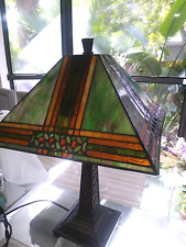 Vintage Art Stained Glass Tiffany Style Mission Table Lamp Two Lights picture