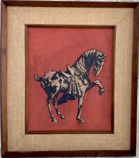Vtg Mid-Century Red Batik Fabric - Tang Horse, Han Palace Art Co, Framed 20