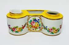Antique Vtg Porcelain France Double Inkwell Floral Binocular Shape Yellow Marked picture
