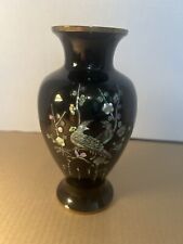 Vintage Asian Black Enamel Brass Vase Bird Floral Mother of Pearl Inlay 7.5” picture
