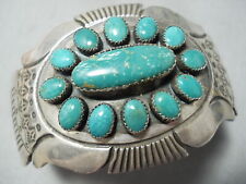 JIMMY SHAY VINTAGE NAVAJO GREEN TURQUOISE HEAVY STERLING SILVER BRACELET picture