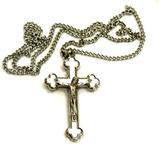 Vintage WHITE BUDDED PECTORAL SILVER CROSS CRUCIFIX Pendant 24
