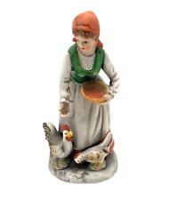 Vintage Woman Feeding Chicken / Rooster Figurine Farm Cottage Grandmacore picture