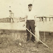 Vintage Sepia Photo Man Holding Fish Landing Net Fisherman Water Outdoors  picture