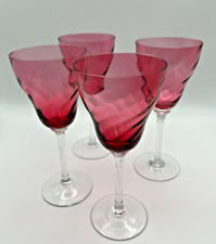 Vintage CRANBERRY SWIRL ON CLEAR STEM (8 OZ) WINE GLASSES - Set of 4 picture