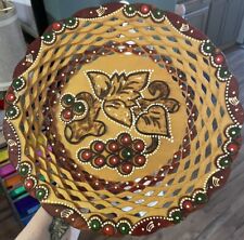 Vintage Folk Art Wood Plate Russian Reticulated Hand Painted Pyrography 12