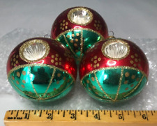 Vintage Blown Glass Triple Indent Green Red Glitter Christmas Ornament Poland X3 picture