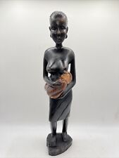 Vintage African Ebony Wooden Carved Sculpture Woman Feeding Baby Statue 17” H picture