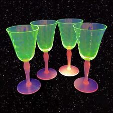 VTG Pink Glass Goblet Drinking Glasses Set 4 Manganese 365nm Green UV Glow picture