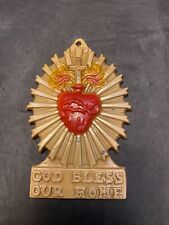 Vintage Flaming Sacred Heart Of Jesus God Bless our Home Wall Plaque Metal picture
