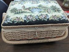 VINTAGE WICKER SEWING BOX Cross stitch Lid WITH CONTENTS Thread Needles Pins picture