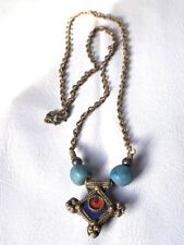 ANTIQUE ANCIENT VICTORIAN STUNNING RARE SILVER NECKLACE PENDANT TURQUOISE STONES picture