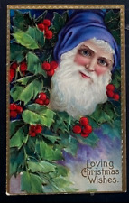 Blue Hat~ Santa Claus with Holly~Antique Embossed Christmas Postcard~k254 picture