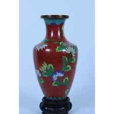 Vintage Chinese Cloisonne Floral Flowers Enameled Brass Vase Red Background picture
