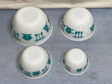 Vintage HAZEL ATLAS Kitchen Aids white turquoise MIXING BOWLS Nesting SET of 4 picture