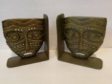 VTG BRONZED CAST IRON TIKI FACE BOOKENDS HAWAIIAN AFRICAN TRIBAL MASK HEAVY picture