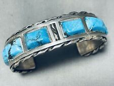 SMALL WRIST VINTAGE NAVAJO BLUE DIAMOND TURQUOISE STERLING SILVER BRACELET picture