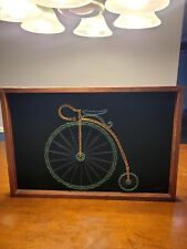 Vintage 70s MCM Framed String Art Bicycle Artist Signed Velvet Background  picture