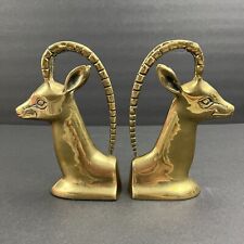 VTG MCM Brass Bookends Antelope Ibex Gazelle Mid Century Modern Set of 2 Patina picture