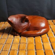 Vintage Hand Carved Curled Up Sleeping Cat Kitten Solid Wood Sculpture Figurine  picture