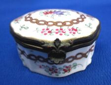 FRENCH LIMOGES PORCELAIN AND BRASS OVAL PILL BOX HAND-PAINTED FLOWERS picture
