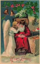 Santa Claus with Whispering Angel~Holly~Antique Embossed Christmas Postcard~k434 picture
