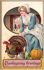 Thanksgiving Postcard Pilgrim Woman Fireplace Turkey Pumpkin picture