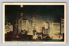 Windsor ON-Ontario Canada, Detroit Skyline At Night, Antique Vintage Postcard picture