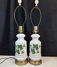 Vintage Pair Milk Glass Table Lamps Hand Painted Ivy Brass Base + Harp & Finial picture
