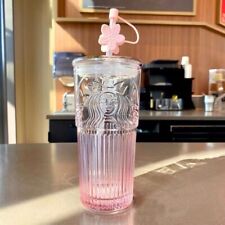 New Starbucks Glass Cup Gradient Sakura Tumbler w/Cherry blossom Topper picture