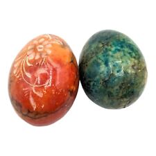 Vintage Hand Carved Alabaster Marble Stone Easter Eggs Green Red Pair 2 Floral picture