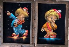 Set Of 2 MCM Black Velvet Paintings Baby Wall Art Retro Violin Mexico 20”x14” picture