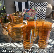 Vintage Dunbar Rings Marigold Iridescent Glass Pitcher & 6 Tumbler Glasses *chip picture