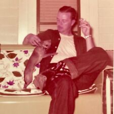S9 Photograph 1956 Handsome Man Smoking Cigarette Couch Boots Chihuahua Dog picture