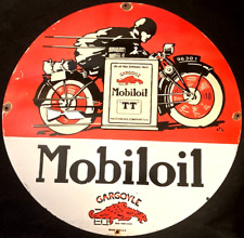 Vintage Art MOBILOIL TT GARGOYLE MOTORCYCLE PORCELAIN SIGN Rare Advertising 30