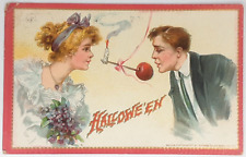 Halloween Post Card Raphael Tuck Embossed Courting Couple Apple and Candle picture