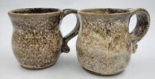 Vintage Hand Made Pottery Coffee Mugs Brown & Cream Drip Glaze Artist Signd 1980 picture