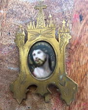 Vintage  Porcelain Ecce Homo in Brass hand cut frame Catholic Church picture