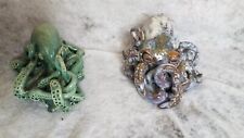2 Vntg Homemade Ceramic Glazed Octopus Figurines Unsigned Grn. & Brn/Wht.  3... picture
