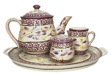 Temptations Tea Set Old World Teapot Sugar Creamer Platter Pink Purple 6 Pc Gift picture
