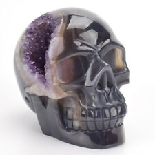 700g Natural Hand Carved Agate Amethyst Geode Crystal Skull Energy Healing picture