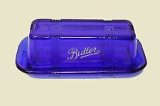 Cobalt Blue Glass Butter Dish Script Printed Embossed Depression Retro Style picture