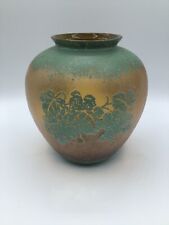 Vintage Iridescent Green Acid Etched Gold Glass Vase Grape Design 7