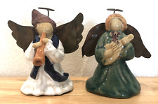 VINTAGE LOT OF 2 CERAMIC POTTERY ANGELS WITH TIN METAL WINGS & HALOS HORN & LUTE picture