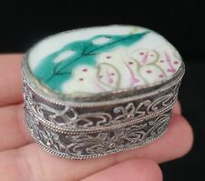 ANIQUE Chinese Oval SHARD BOX Porcelain Pottery Silverplate PILL TRINKET BOX picture