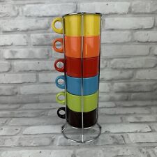 Pier 1 Pier One Stacked Rainbow Colorful Mugs Cups Set of 6 Wire Rack picture