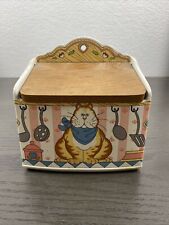 Vintage Ceramic Recipe Box Wood Lid Orange Fat  Cat Kitty Lisa Berrett picture