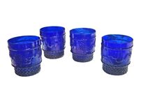 Vtg Cobalt Blue Glasses Juice Embossed Fruit Grape Rocks Drinking Glass Set Of 4 picture