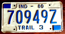 Indiana 1980 Blue on White Metal Expire License Plate Tag 70949Z Trail 3 Trailer picture